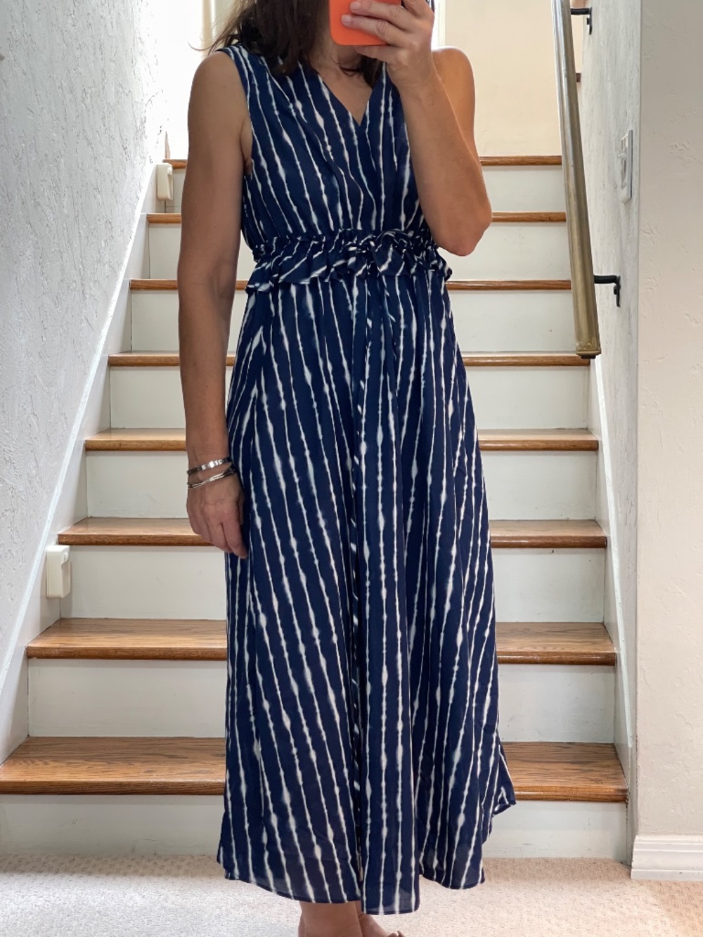 Ann Taylor tye dye white and navy voile long summer dress women SP
